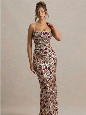 Red Floral Embellished Sequin Square-Neck Maxi Dress